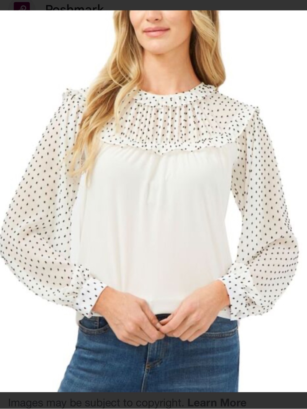 Pleated Ruffle Yoke Mixed Media Polka Dot Long Sleeve Blouse 👚 So Cute!